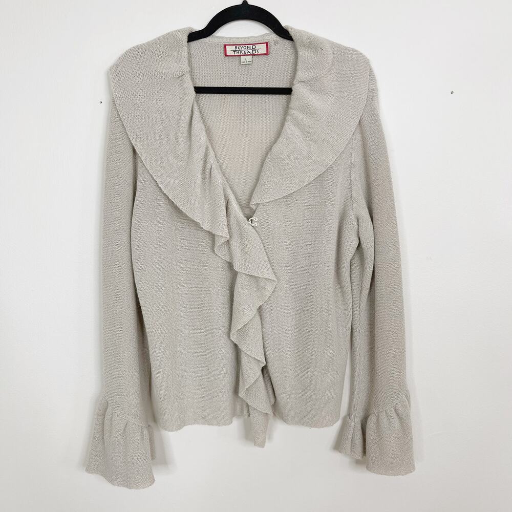 Beyond Threads Wool Alpaca Ruffle Cardigan Sweater Large L Cream Bell Cuff Women